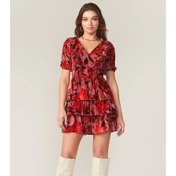 Adelyn Rae Khalia Burnout Red gold Velvet ruffle dress Mini Dress Womens Medium - Picture 1 of 12